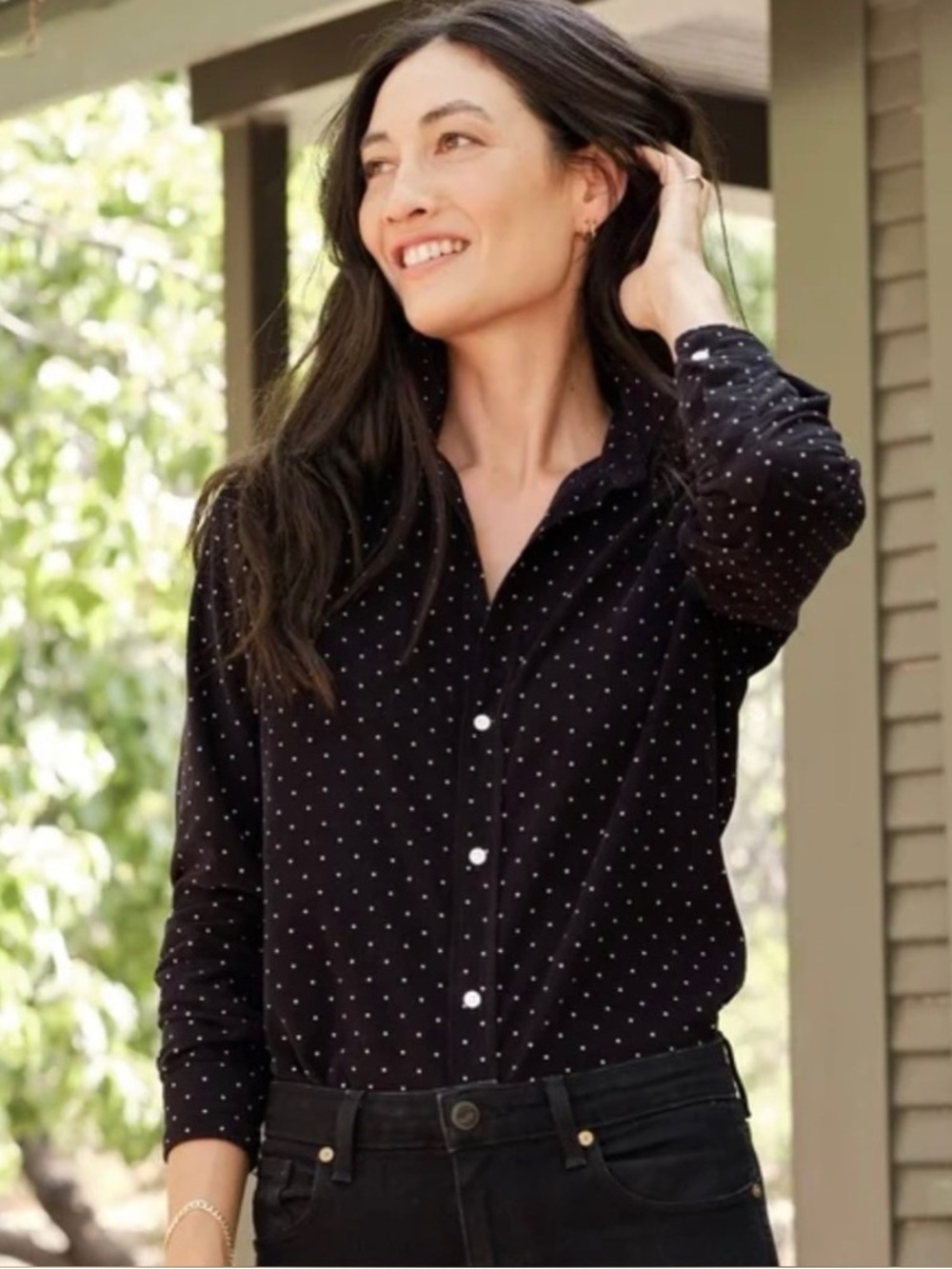Frank & Eileen Corduroy Black Button-Up Shirt with White Polka Dots XS